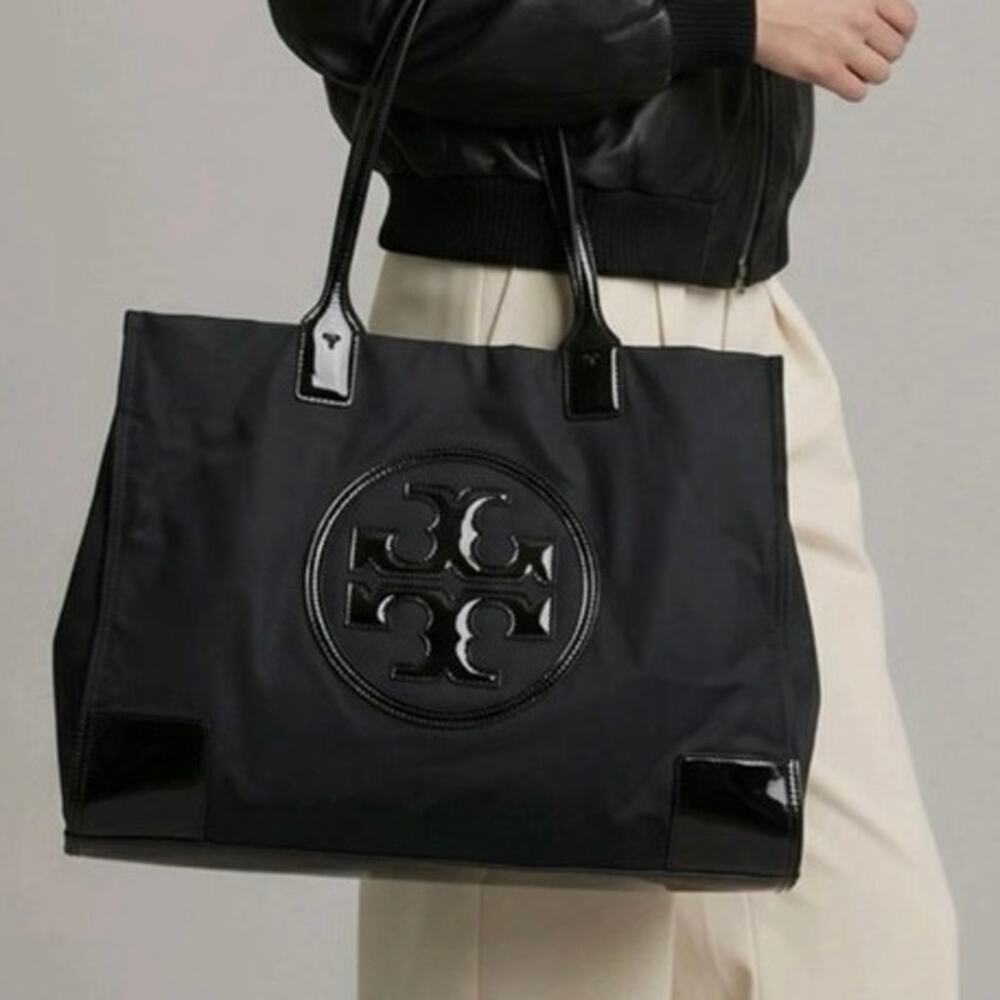 Tory Burch Ella Tote Bag Black Nylon Patent Leather Large 2010 Logo Shoulder Bag